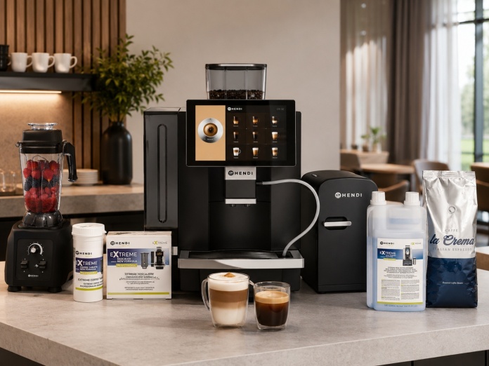 Zestaw HENDI PROMO_SET_COFFEE w eleganckiej strefie kawowej — ekspres automatyczny, lodówka do mleka, kawa La Crema, środki do czyszczenia oraz blender barmański jako prezent promocyjny.